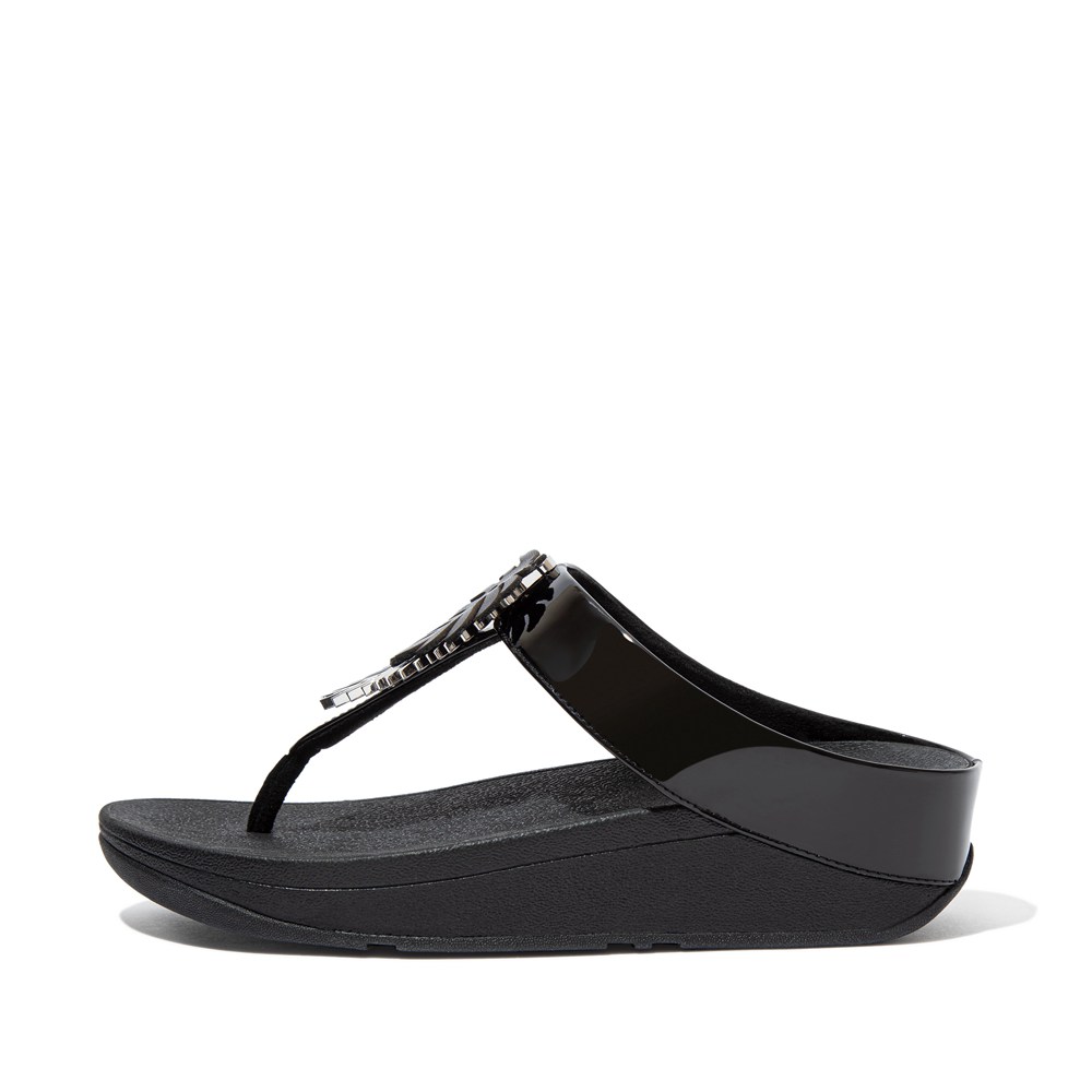 Fitflop Womens Sandals Black - Fino Jungle-leaf Patent Toe-post - 06WMARVYP